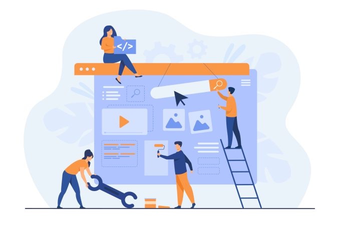 Digital marketing team constructing landing or home page. Tiny people painting units on webpage. Vector illustration for website designers, content managers, internet promotion concept